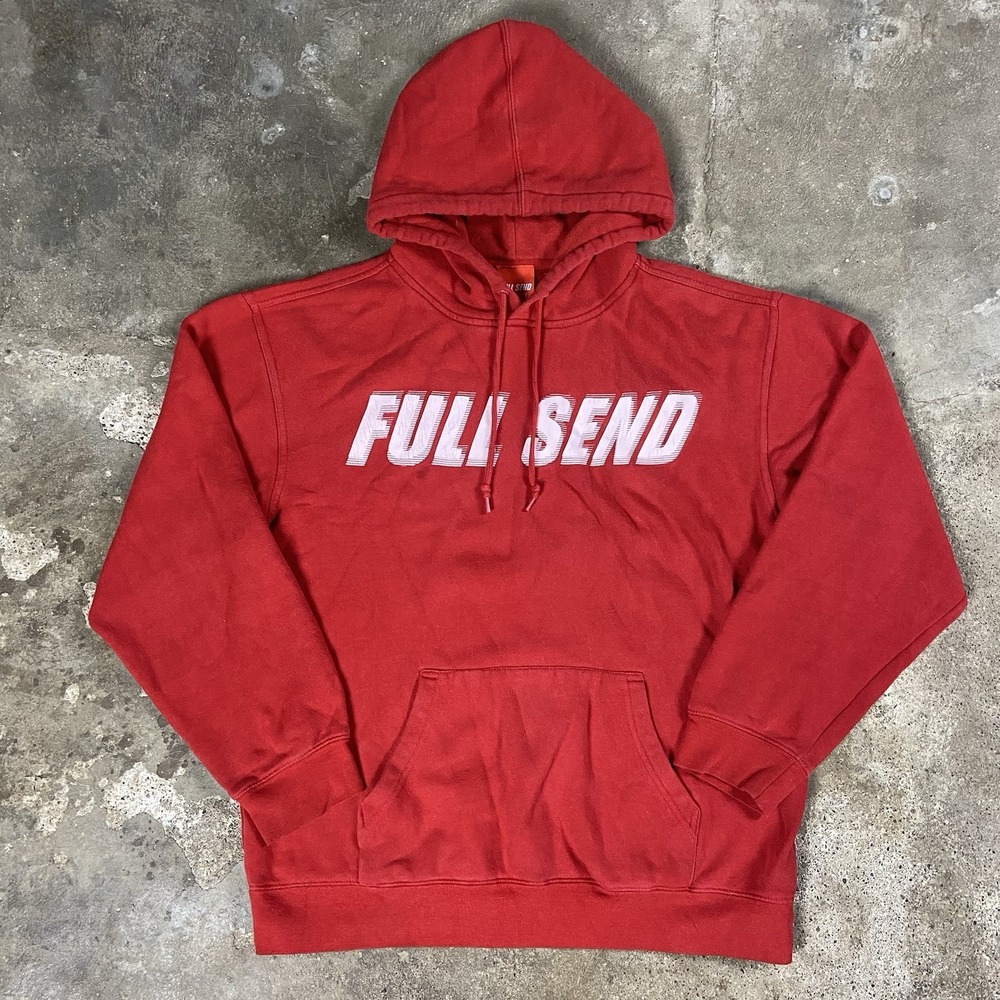 FULL SEND Hoodie Size Large Red Fleece Pullover Graphic Drawstring Sweatshirt